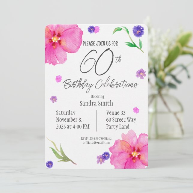 Invitation Elégante aquarelle florale 60e anniversaire Invita (Debout devant)