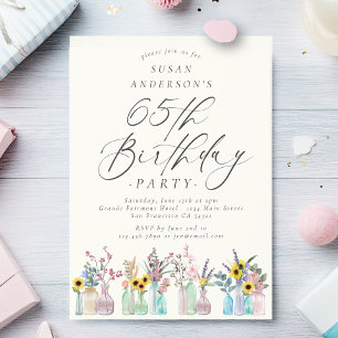 Invitation Elégante aquarelle florale 65e fête d'anniversaire
