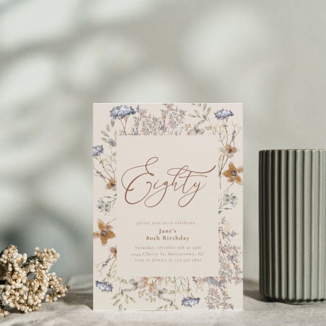 Invitation Elégante aquarelle florale 80e anniversaire (Créateur téléchargé)