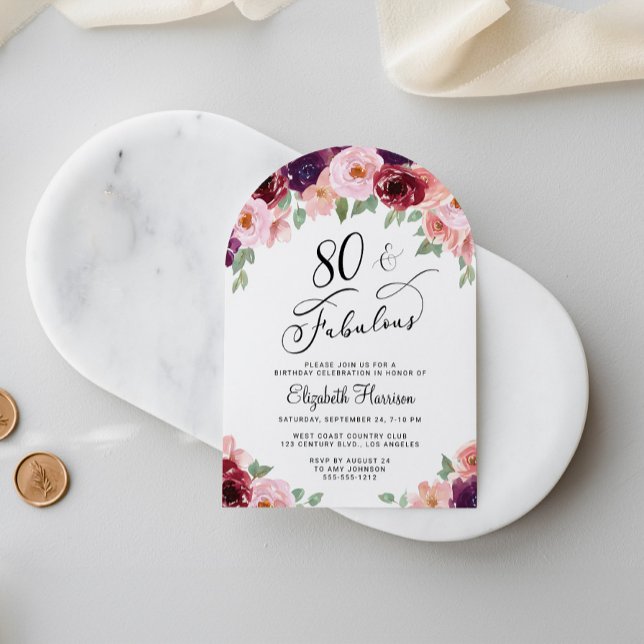 Invitation Elégante aquarelle florale 80e anniversaire de fêt (Créateur téléchargé)