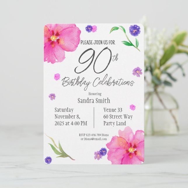 Invitation Elégante aquarelle florale 90e anniversaire Invita (Debout devant)