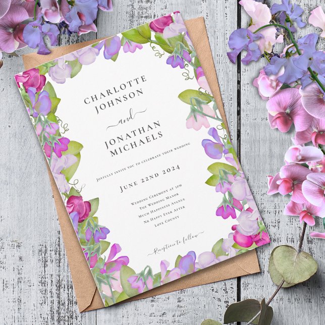 Invitation Elégante aquarelle florale moderne (Modern garden florals pink purple sweetpea watercolor wedding invitation )