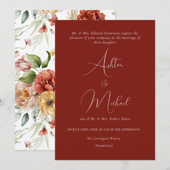 Invitation Elégante aquarelle Florale Orange Mariage moderne (Devant / Derrière)