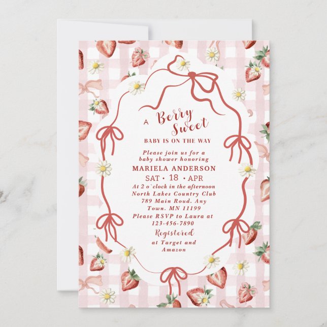 Invitation Elégante Aquarelle Fraise fille Baby shower dans (Devant)