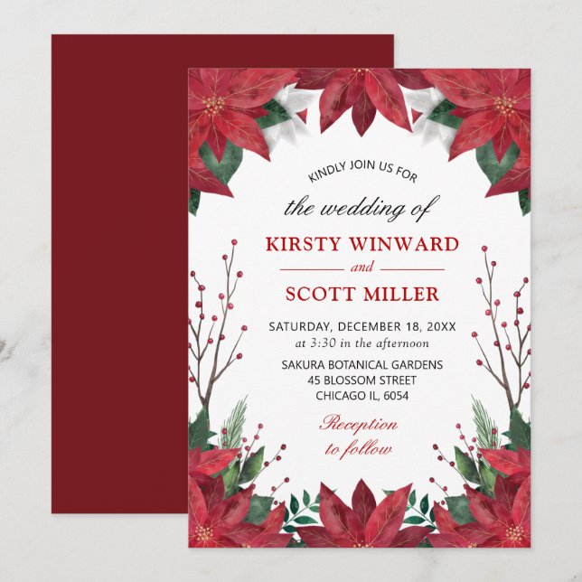 Invitation Elégante aquarelle hiver rouge Poinsettia Mariage (Devant / Derrière)