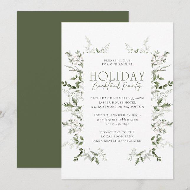 Invitation Elégante aquarelle hiver verdure fête de vacances (Devant / Derrière)