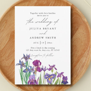 Invitation Elégante aquarelle Iris en mariage de script blanc