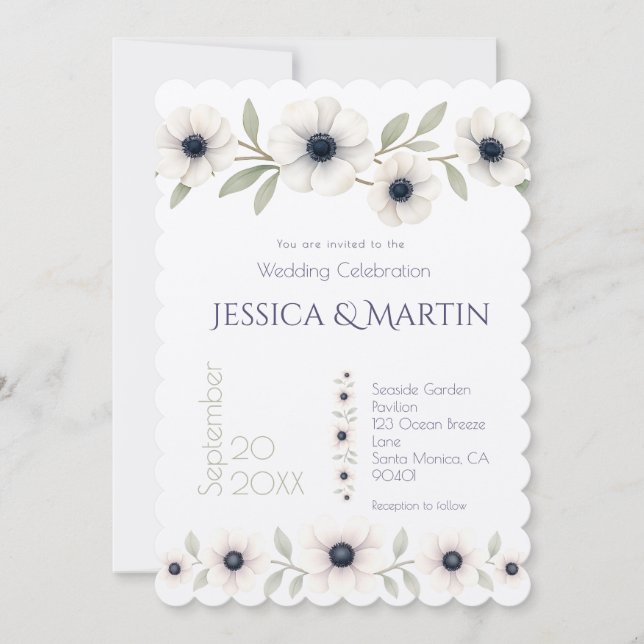 Invitation Elégante aquarelle ivoire marine bleu Mariage d'an (Devant)
