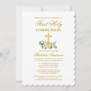 Invitation Elégante aquarelle jaune blanc floral communion