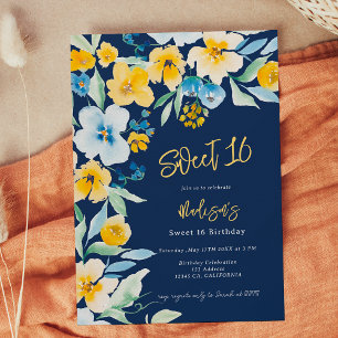 Invitation Elégante aquarelle jaune bleu floral doux 16