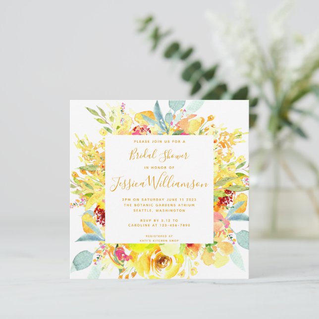 Invitation Elégante aquarelle jaune Fête des mariées florale (Debout devant)