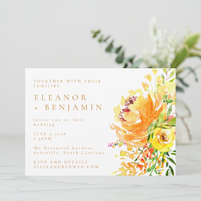 Invitation Elégante aquarelle jaune Floral Mariage élégant (Debout devant)
