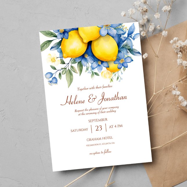 Invitation Elégante aquarelle Lemon Floral Garden Mariage (Elegant Watercolor Lemon Botanical Wedding Invitation)