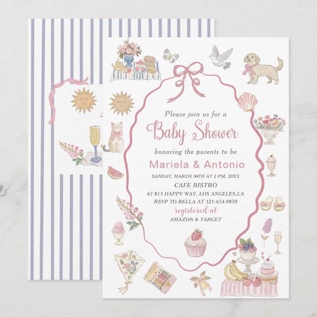 Invitation Elégante aquarelle Lilac fleurs Baby shower Invi (Devant / Derrière)