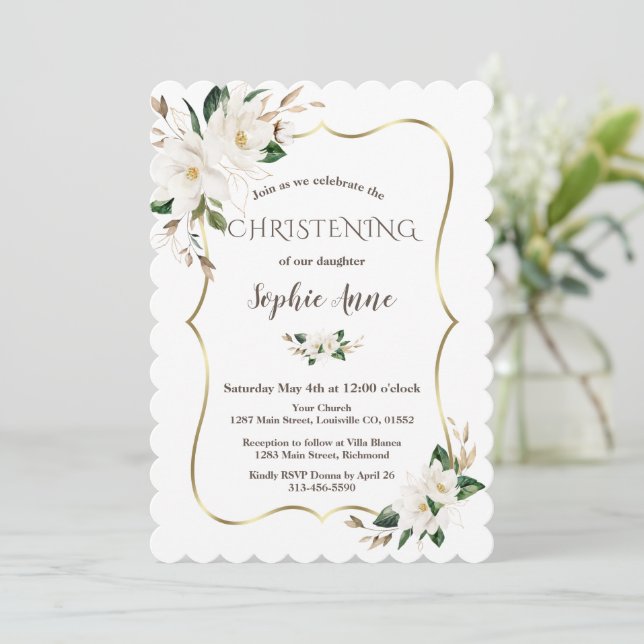Invitation Elégante aquarelle Magnolia Fleurs Christening (Debout devant)