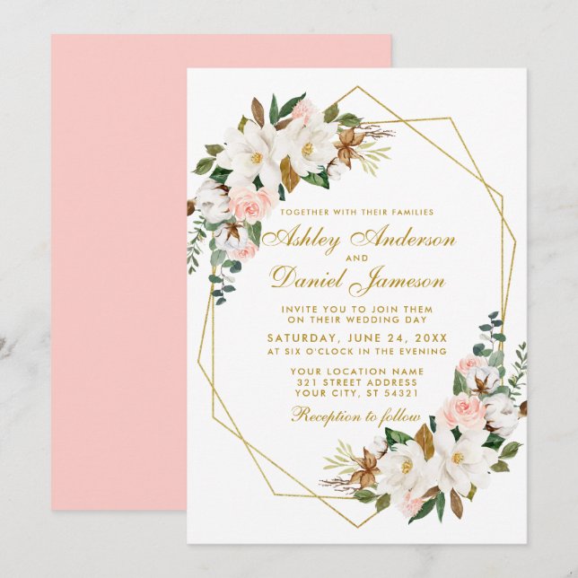 Invitation Elégante aquarelle Magnolias Rose Mariage or (Devant / Derrière)