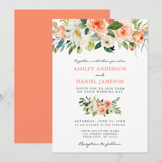 Invitation Elégante aquarelle Mariage de corail floral (Devant / Derrière)