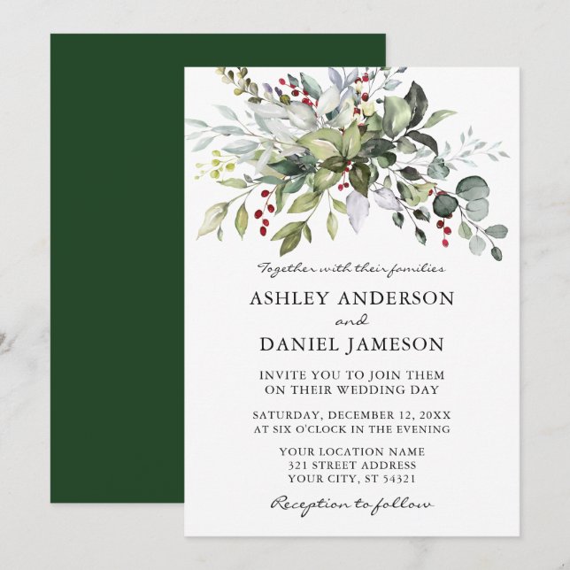 Invitation Elégante aquarelle Mariage de verdure hivernale (Devant / Derrière)