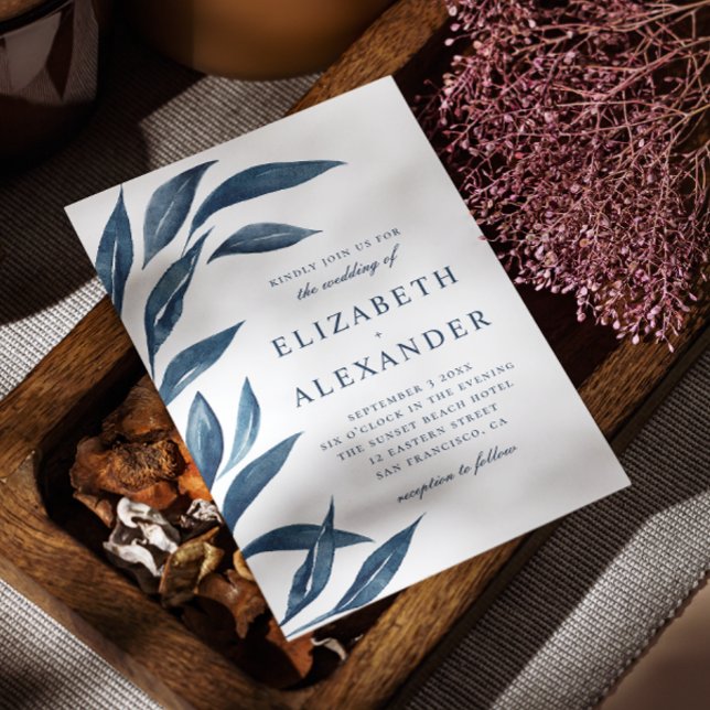 Invitation Elégante aquarelle marine bleu floral feuille mari (Créateur téléchargé)