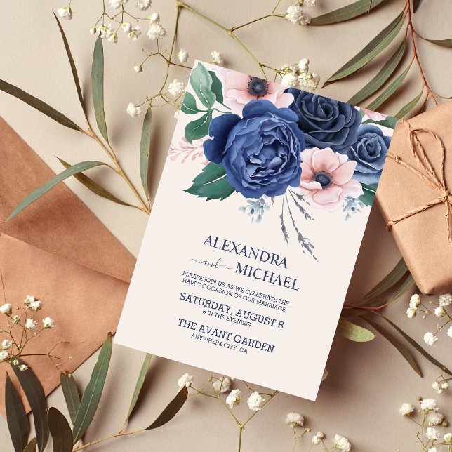 Invitation Elégante aquarelle marine bleu floral Mariage Invi (Créateur téléchargé)