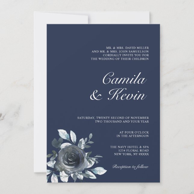 Invitation Elégante aquarelle marine bleu Mariage floral (Devant)