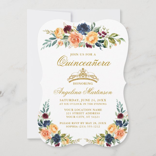Invitation Elégante aquarelle mélangée Quinceanera florale (Devant)