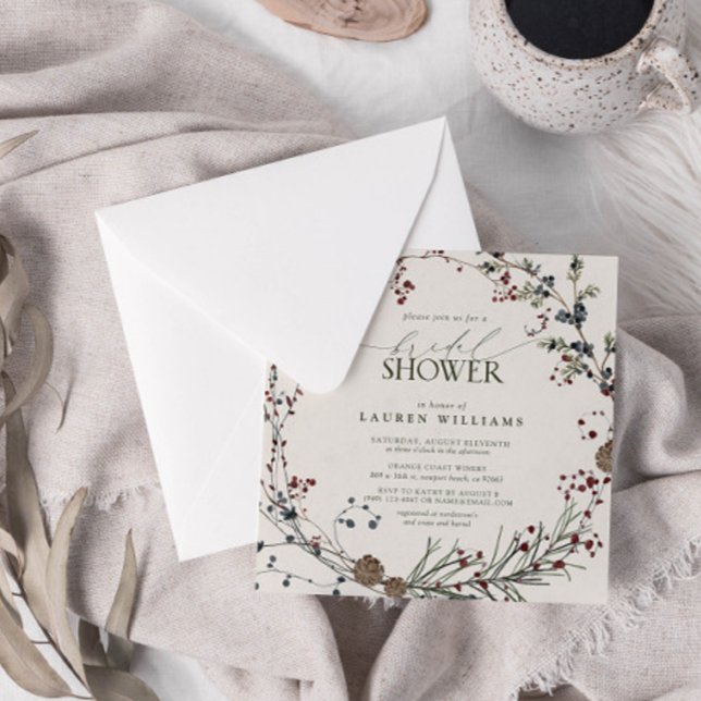 Invitation Elégante aquarelle minimale Berry Wreath Verdure (Join us in a winter wonderland of botanical bliss to shower the bride-to-be.)