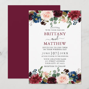 Invitation Elégante aquarelle Mixte Floral Mariage Bourgogne