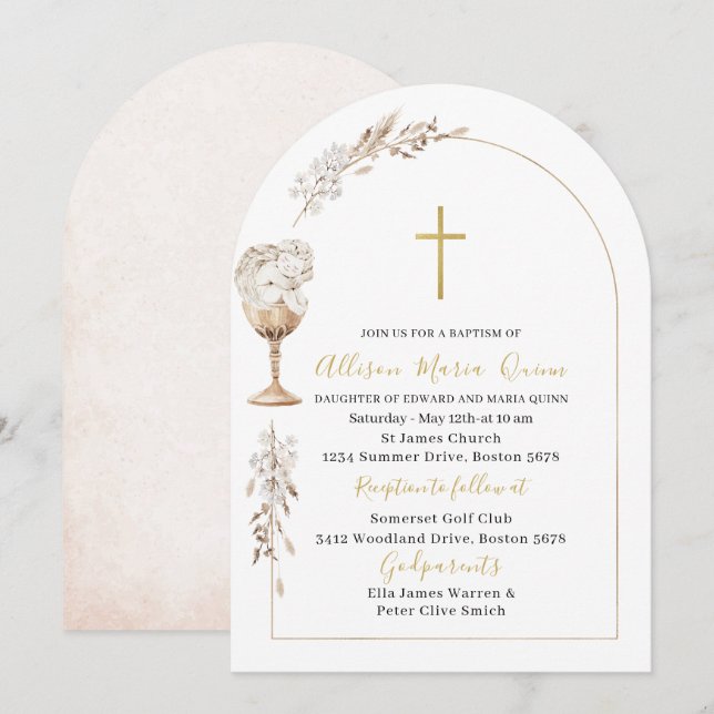 Invitation Elégante Aquarelle moderne Beige Angel Baptême (Devant / Derrière)