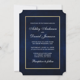 Invitation Elégante aquarelle moderne bleu or Mariage Tkt