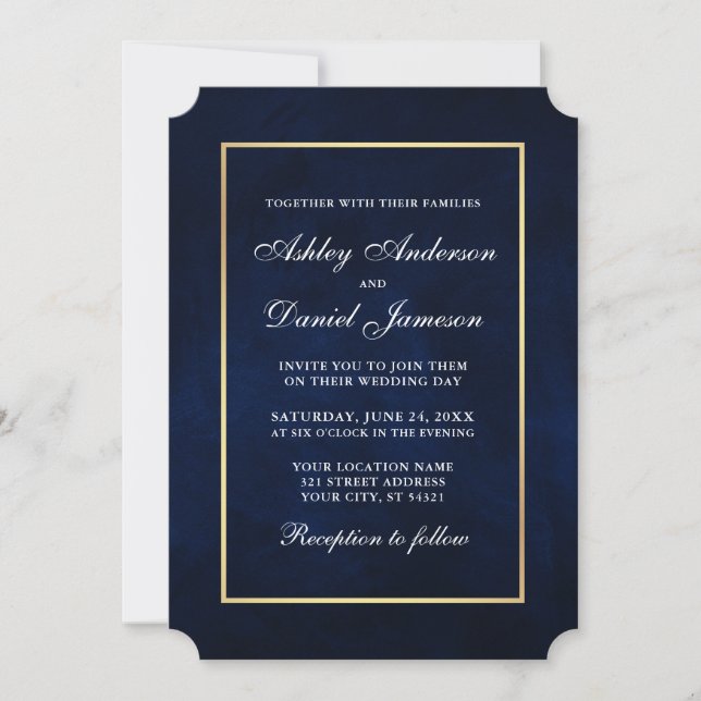 Invitation Elégante aquarelle moderne bleu or Mariage Tkt (Devant)