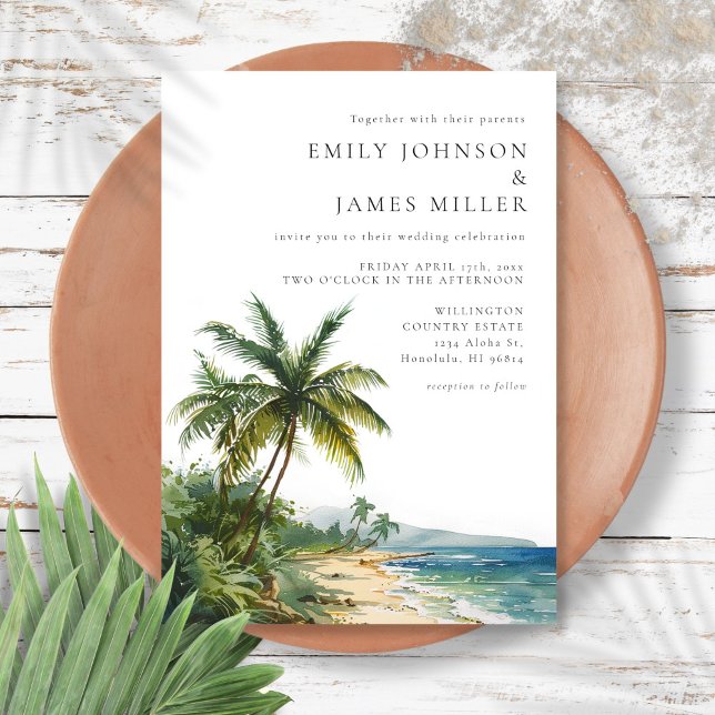 Invitation Elégante aquarelle moderne Mariage de plage tropic (Modern Elegant Watercolor Tropical Beach Wedding Invitation)