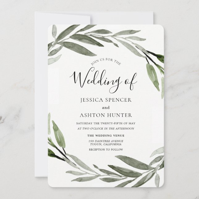 Invitation Elégante aquarelle moderne Mariage feuille verte (Devant)