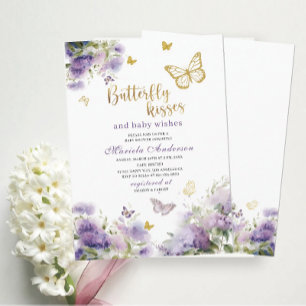 Invitation Elégante aquarelle moderne papillon baisers bébé S