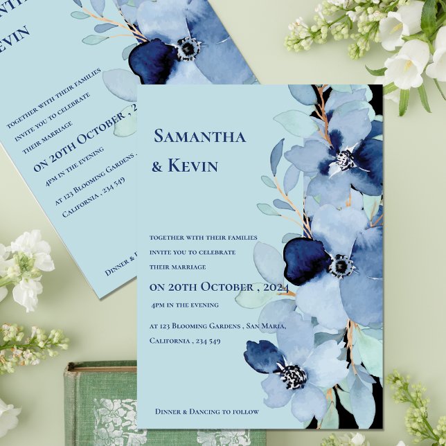 Invitation Elégante aquarelle Moody Blue Floral Mariage (Elegant Watercolor Moody Blue Floral Wedding Invitation)