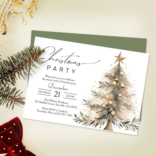 Invitation Elégante aquarelle Noël Arbre Noël (Invite your guests to your Christmas celebration with this heartwarming and cozy holiday invitation.)