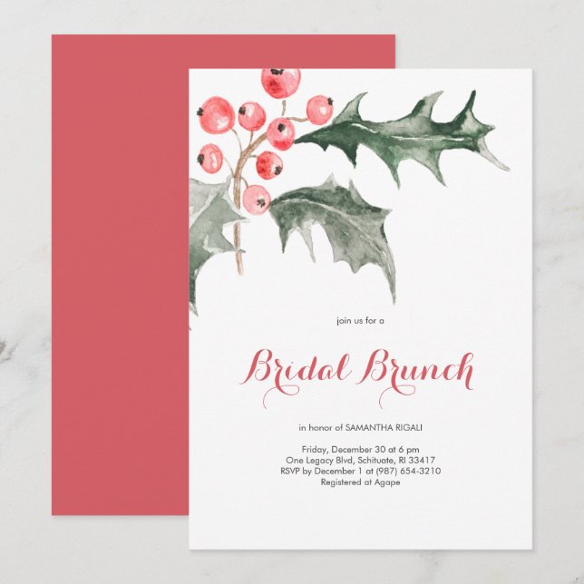 Invitation Elégante aquarelle Noël Holly Bridal Brunch (Devant / Derrière)