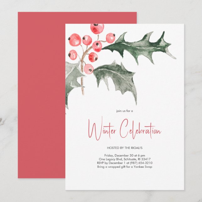 Invitation Elégante aquarelle Noël Holly Party (Devant / Derrière)