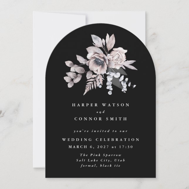 Invitation Elégante aquarelle noir floral Mariage Arch (Devant)