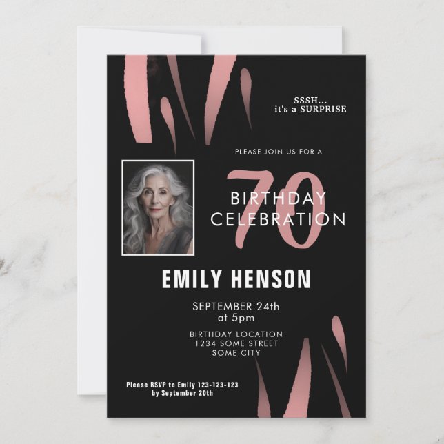 Invitation Elégante aquarelle noire rose 70e anniversaire Pho (Devant)