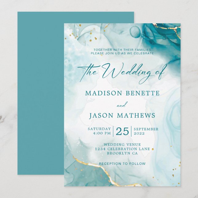 Invitation Elégante aquarelle Océan Turquoise Blue Gold Maria (Devant / Derrière)