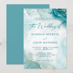 Invitation Elégante aquarelle Océan Turquoise Blue Gold Maria