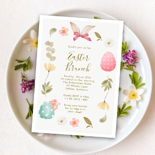 Invitation Elégante aquarelle Oeuf lapin floral Brunch de Pâq