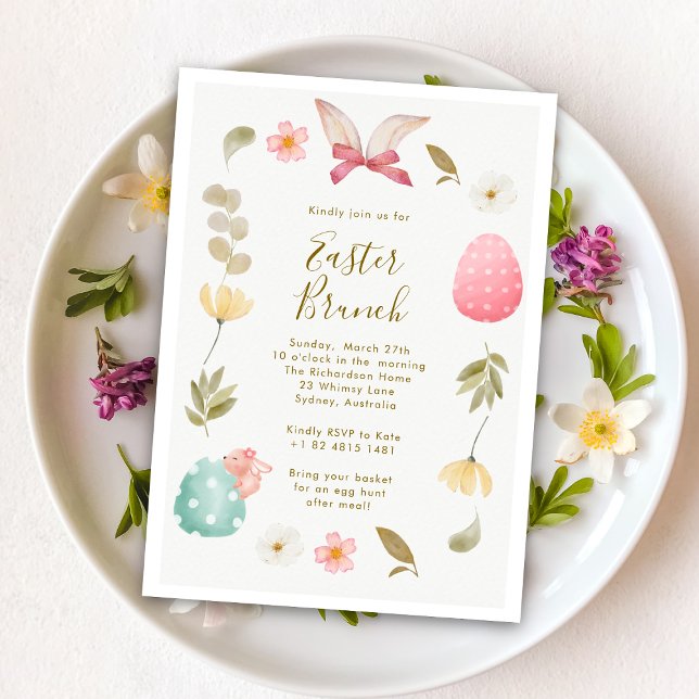 Invitation Elégante aquarelle Oeuf lapin floral Brunch de Pâq (Créateur téléchargé)