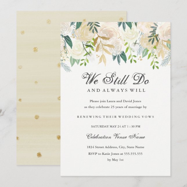 Invitation Elégante Aquarelle Or Floral Vow Renouvellement (Devant / Derrière)