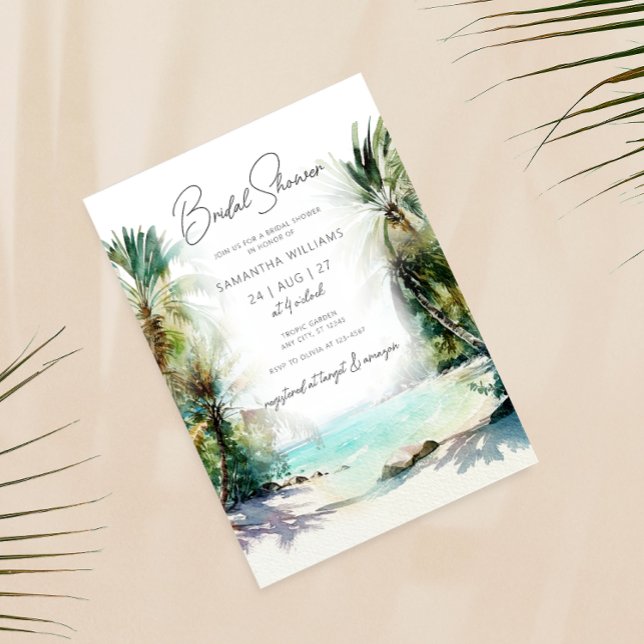 Invitation Elégante aquarelle Palm Tree Beach Fête des mariée (Créateur téléchargé)