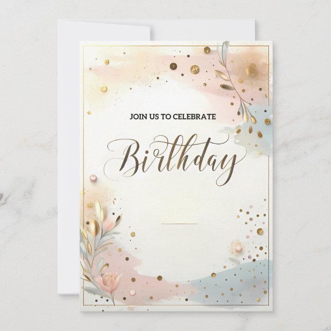 Invitation Elégante Aquarelle Pastel Floral & Gold Confetti (Devant)