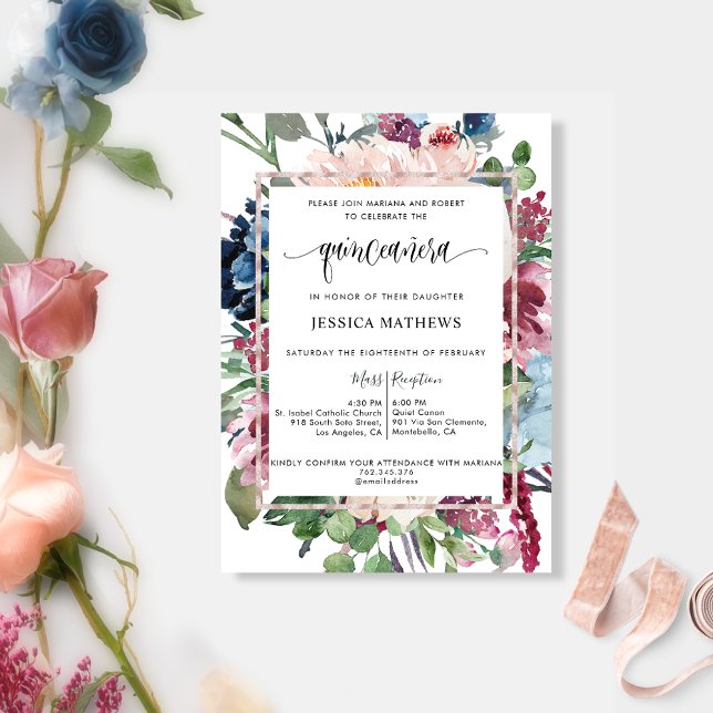 Invitation Elégante Aquarelle Pastel Tone Floral Quinceañera (Créateur téléchargé)