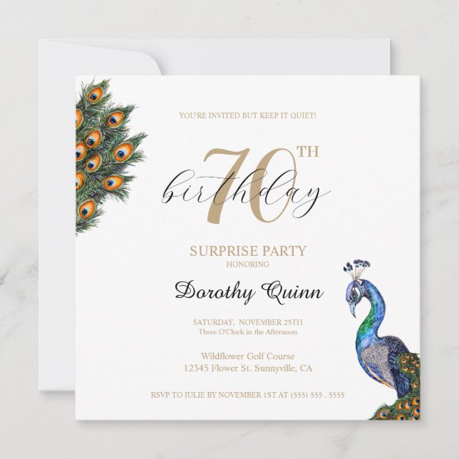 Invitation Elégante aquarelle Peacock Surprise fête d'anniver (Devant)