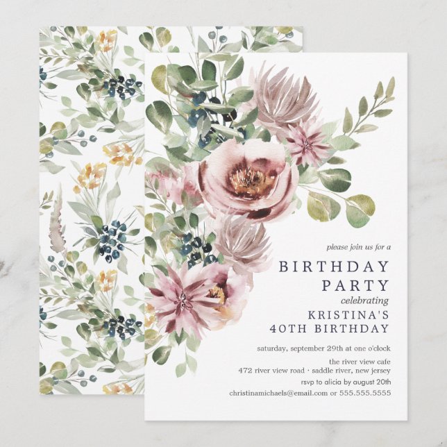 Invitation Elégante aquarelle pivoines florales fête d'annive (Devant / Derrière)